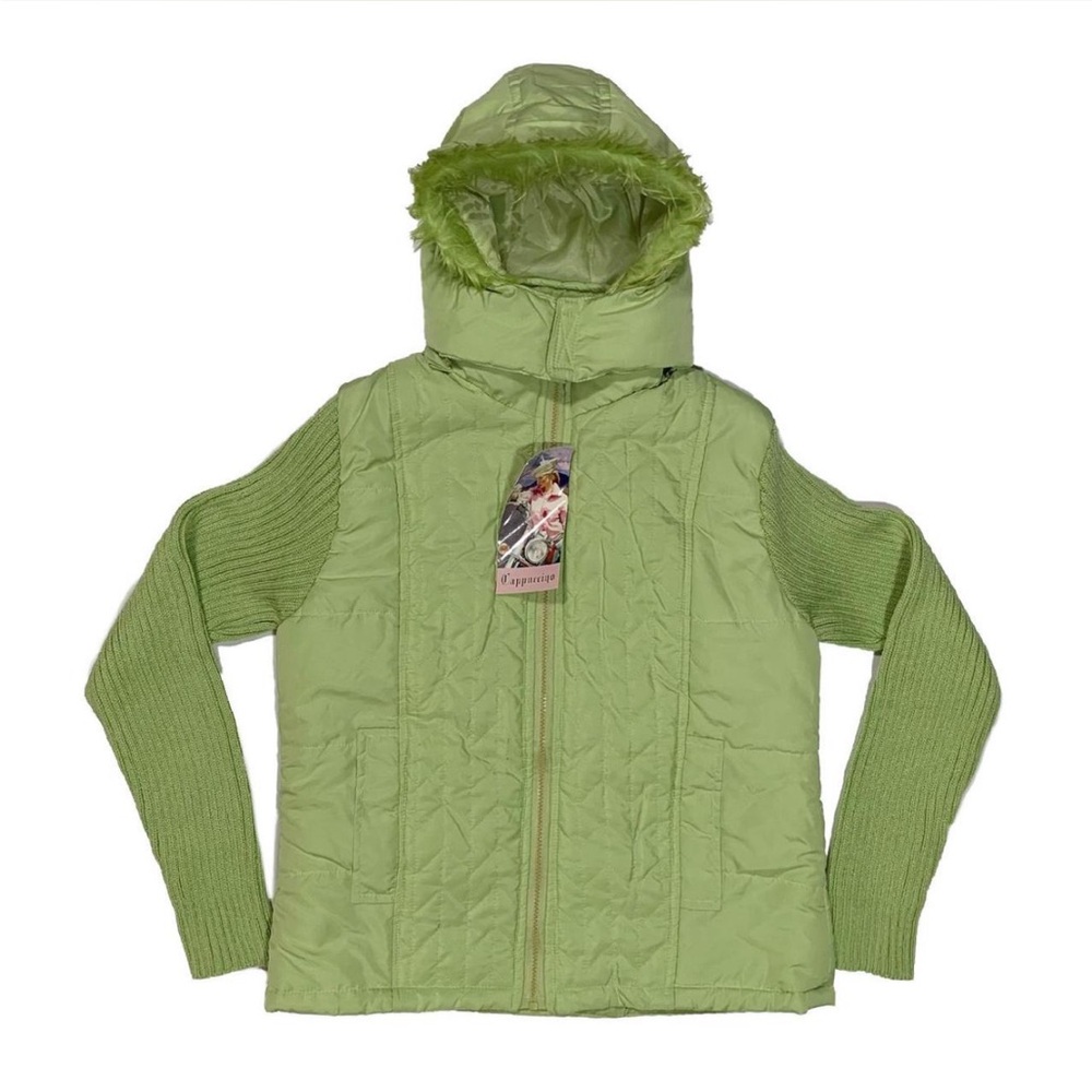 Lime Green padded quilted jacket with hood and fur trim jacket - super cute!